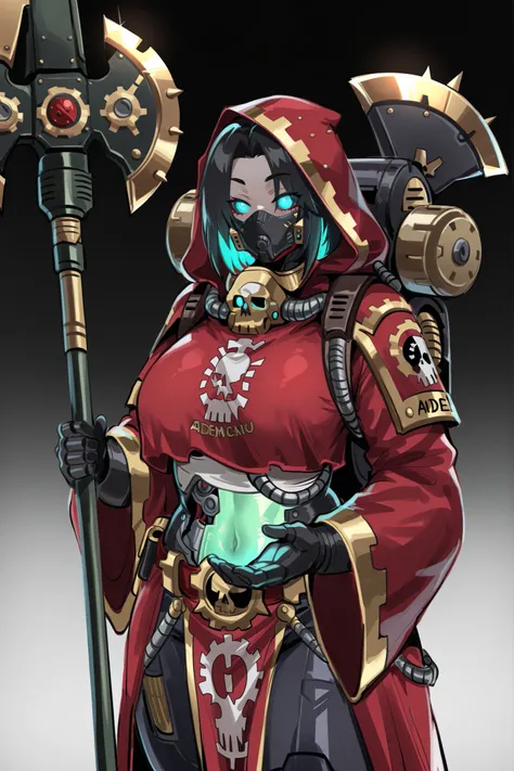 kurenaiz, masterpiece, best quality, amazing quality, very aesthetic, high resolution, ultra-detailed, absurdres, newest, warhammer 40k, 1girl, Adeptus Mechanicus, black hair, red mechanicus robes, exposed midriff section, glowing green bionic eye implant,...