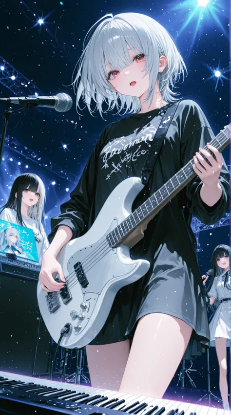 A band of 3 women、the woman is about 20 years old、1 has long silver hair、1 has short blond hair、1 has long black hair、1 is a keyboard player、 1 person electric guitar、1 is vocalist and bass、singing on stage、Playing、The location is dancing on the 、背景whole、w...