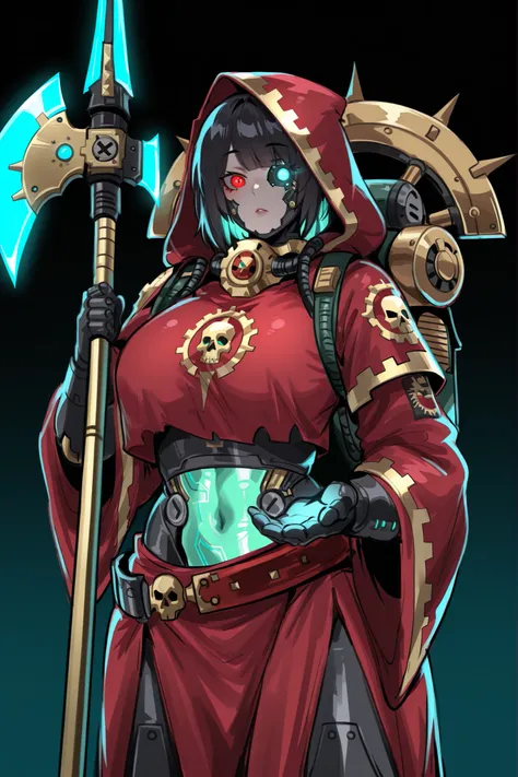 kurenaiz, masterpiece, best quality, amazing quality, very aesthetic, high resolution, ultra-detailed, absurdres, newest, warhammer 40k, 1girl, Adeptus Mechanicus, black hair, red mechanicus robes, exposed midriff section, glowing green bionic eye implant,...