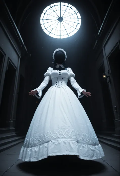 dynamic pose, perspective, Extreme Perspective,masterpiece,INCREDIBLY ABULOUS,top quality,high resolution,very detailed CG, MEDIEVAL EUROPEAN NIGHT SCENE & DYNAMIC LIGHTING,Clear, Invisible Person 1 Girl, solo,Female Ghost in Gothic Lolita, Floating Clothe...