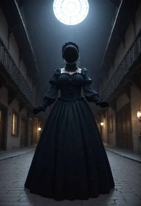 dynamic pose, perspective, Extreme Perspective,masterpiece,INCREDIBLY ABULOUS,top quality,high resolution,very detailed CG, MEDIEVAL EUROPEAN NIGHT SCENE & DYNAMIC LIGHTING,Clear, Invisible Person 1 Girl, solo,Female Ghost in Gothic Lolita, Floating Clothe...