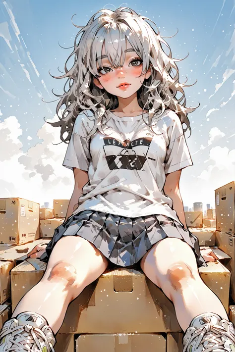 1girl,Super Detailed,absolute resolution,(dynamic angles),(tanned skin:0.5),Japanese girl,(portrait),(pinup),(from below:1.3),((cowboy shot)),
sitting on ground,(legs stretched out:1.3),(leaning on Stacked cardboard boxes:1.3),arms at sides,hands on ground...