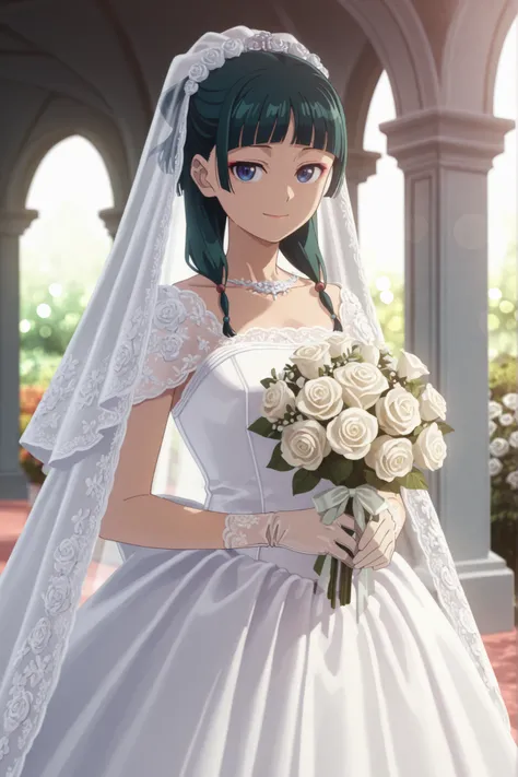 anime coloring,1girl,solo,anime woman,Maomao, green hair, blue eyes,elegant white wedding dress, long flowing veil, intricate lace details, floral embroidery, satin gloves, holding a bouquet of white roses, standing in a romantic setting, soft lighting, de...