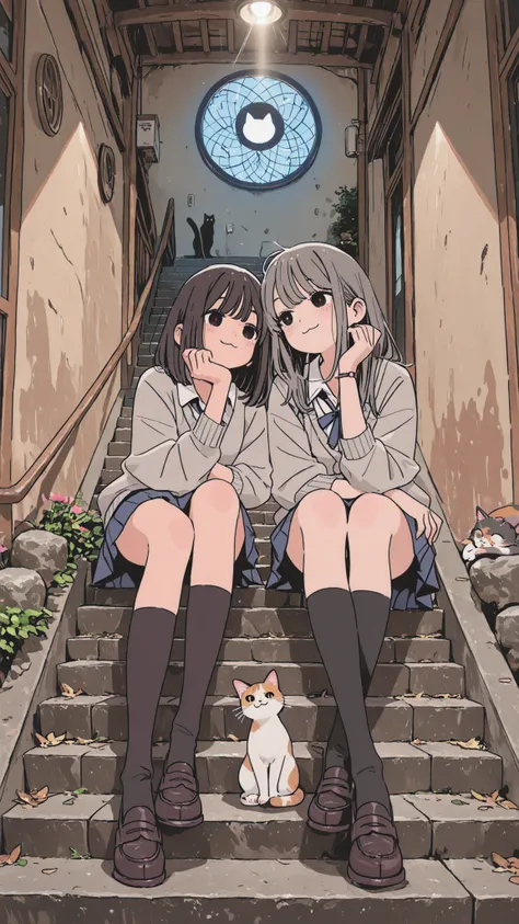 ((( Cat on the Stone Steps )))、 top quality 、masterpiece、 perfect anatomy,非常に詳細な girlsの顔、 girls, On the way to school, Chat with friends, stand, School Area, countryside, Scenery, Round Glass, MIDDLE SCHOOL CARDIGAN , ( Sleeves Are Longer Than ...