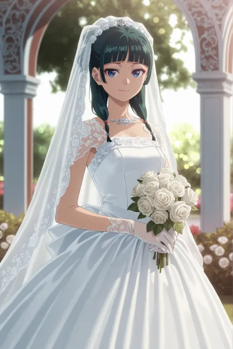 anime coloring,1girl,solo,anime woman,Maomao, green hair, blue eyes,elegant white wedding dress, long flowing veil, intricate lace details, floral embroidery, satin gloves, holding a bouquet of white roses, standing in a romantic setting, soft lighting, de...