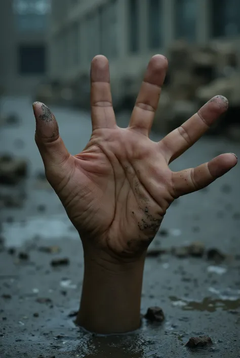 (extreme close-up on hand:1.8). The hand is in the foreground and is blurred. the rest of the image conveys a strong sense of anguish. [[a human hand /(human hand full of calluses, ruined fingernail, dirty and dusty, mud on fingers)/ emerging from wet slud...