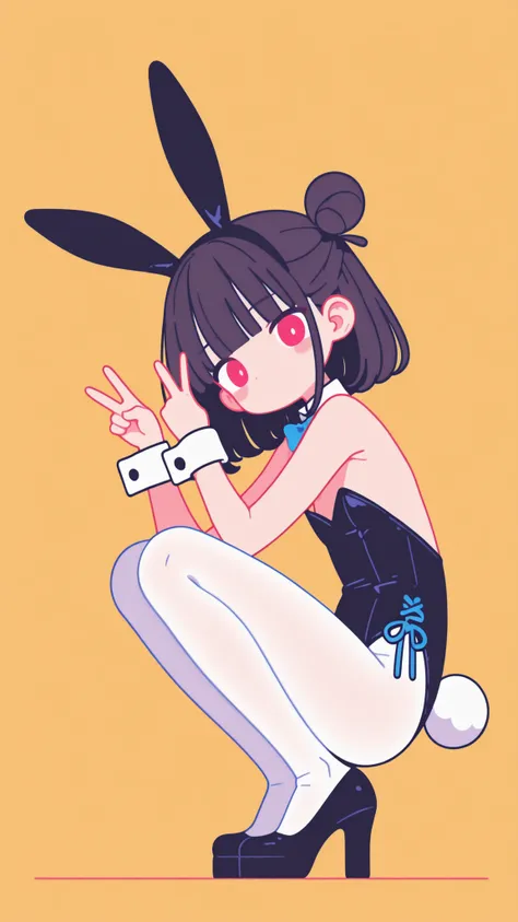masterpiece, best quality, high detail, aesthetic, best quality, absurdres, ultra-detailed, highres 1girl, loli, flat chest, black hair, blunt bangs, bun hair, red eyes, tsurime, blush, playboy bunny, detached collar, black leotard, side-tie leotard, highl...