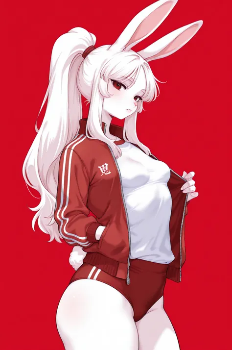 1 anthro rabbit girl, bangs, ponytail, rabbit ears, white fur skin, small breasts, white shirt, red jacket, red buruma, look at viewer, red background