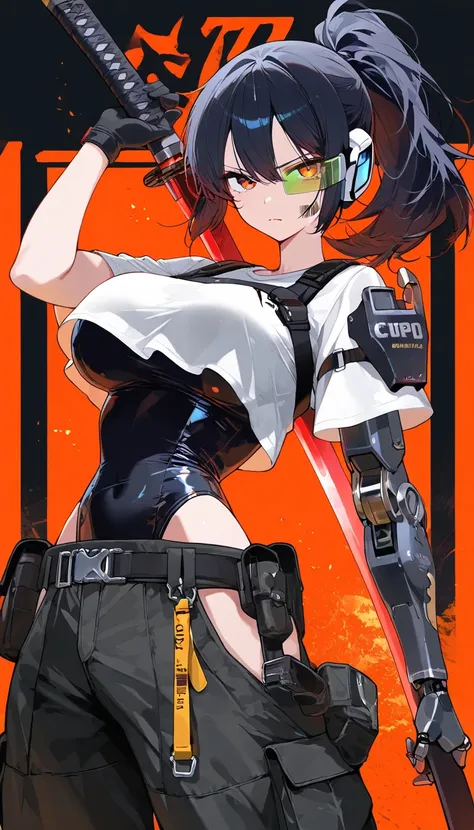 (beautiful girl : 1.3),1 girl,(black shiny leotard,mechanical leotard,black cargo pants,white t-shirt,Crop Top Shirt,scouter,belt,Harness,Carrying a Japanese sword,Mechanical Limbs),dark haired,ponytail,Serious Expression,barcode tattoo on cheek,Sword Slash,simple color background,active,Dynamic Angle,masterpiece,top quality,Rich Contrasts,HIGH DEFINITION,8k,High Definition CG Unit Wallpaper,Textures,incredibly absurd,RAW pictures,Deep Border 1 .2,very detailed