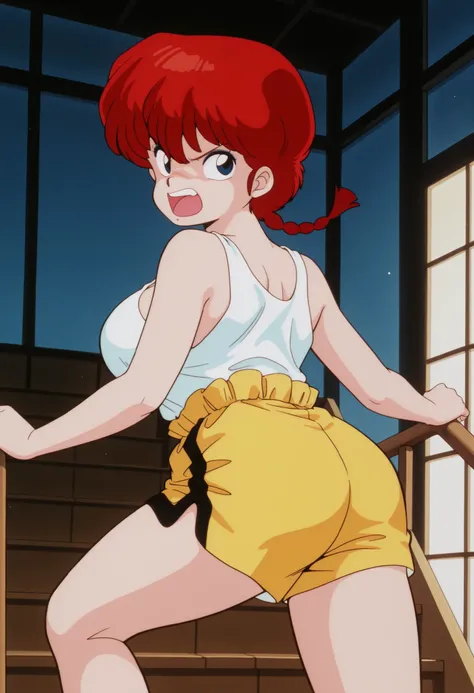Ranma saotome , cabello rojo, hair with a braid, blue eyes, big breasts, NSFW, sexy hips, sexy waist, white tank top, yellow shorts, Japanese Dojo , Angry expression, annoyed, screaming, up stairs, backwards, looking back, spinning neck, threatening, g...