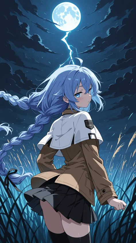 BREAK (masterpiece:1.2), best quality, high resolution, unity 8k wallpaper, (illustration:0.8), (beautiful detailed eyes:1.6),wide open field under a massive glowing full moon, dark swirling storm clouds in the sky, tall grass bending in strong wind, tensi...