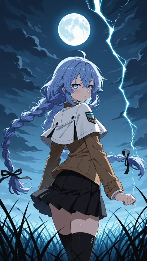 BREAK (masterpiece:1.2), best quality, high resolution, unity 8k wallpaper, (illustration:0.8), (beautiful detailed eyes:1.6),wide open field under a massive glowing full moon, dark swirling storm clouds in the sky, tall grass bending in strong wind, tensi...