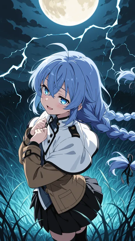 BREAK (masterpiece:1.2), best quality, high resolution, unity 8k wallpaper, (illustration:0.8), (beautiful detailed eyes:1.6),wide open field under a massive glowing full moon, dark swirling storm clouds in the sky, tall grass bending in strong wind, tensi...