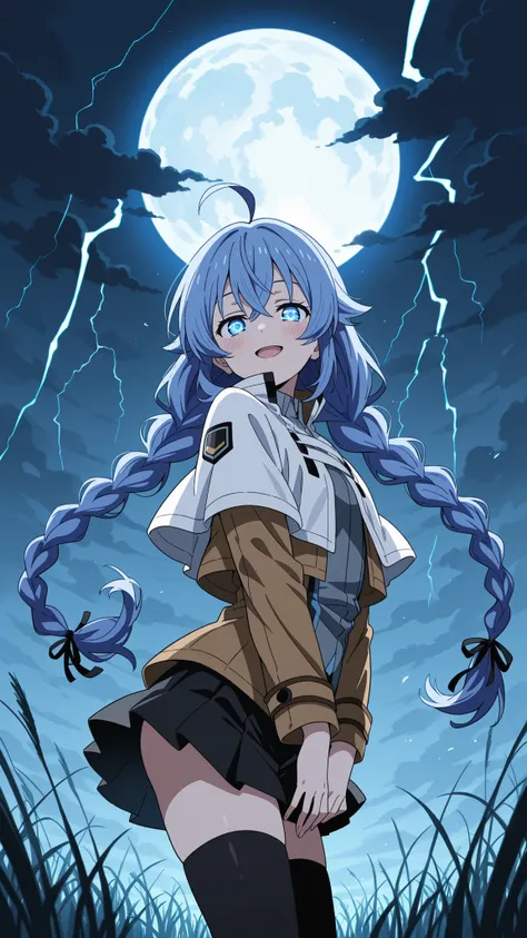 BREAK (masterpiece:1.2), best quality, high resolution, unity 8k wallpaper, (illustration:0.8), (beautiful detailed eyes:1.6),wide open field under a massive glowing full moon, dark swirling storm clouds in the sky, tall grass bending in strong wind, tensi...