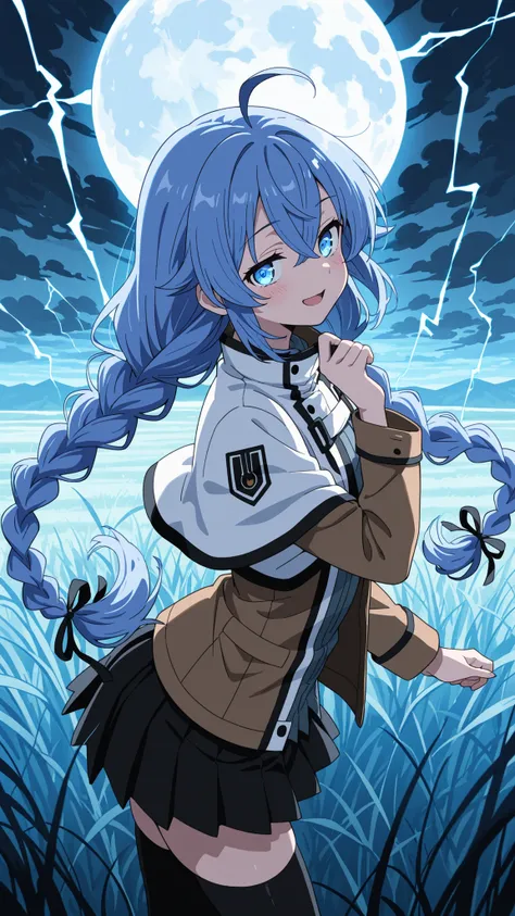 BREAK (masterpiece:1.2), best quality, high resolution, unity 8k wallpaper, (illustration:0.8), (beautiful detailed eyes:1.6),wide open field under a massive glowing full moon, dark swirling storm clouds in the sky, tall grass bending in strong wind, tensi...