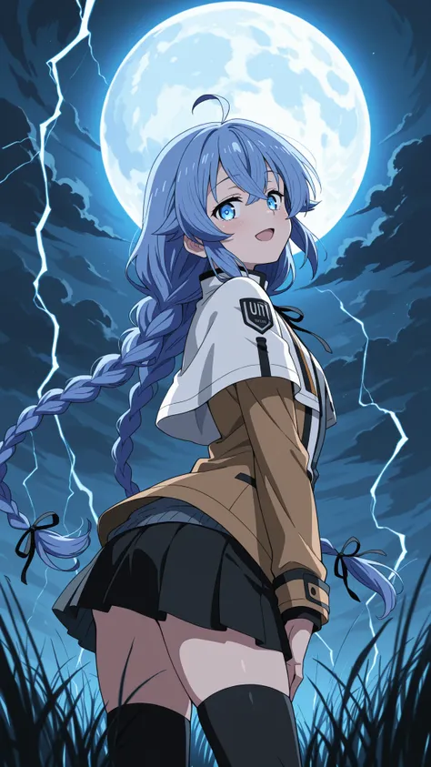 BREAK (masterpiece:1.2), best quality, high resolution, unity 8k wallpaper, (illustration:0.8), (beautiful detailed eyes:1.6),wide open field under a massive glowing full moon, dark swirling storm clouds in the sky, tall grass bending in strong wind, tensi...