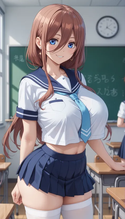 tall girl, fit girl showing lower body,score_9, score_8, score_7_up, score_6, uncensored, 1girl, Nakano Mirai, Long Hair, blue eyes, brown hair, shirt, HAIR BETWEEN EYES, (Huge Chest:1.2), sailor suit, school_uniform, necktie, white stockings, smile, Keep ...