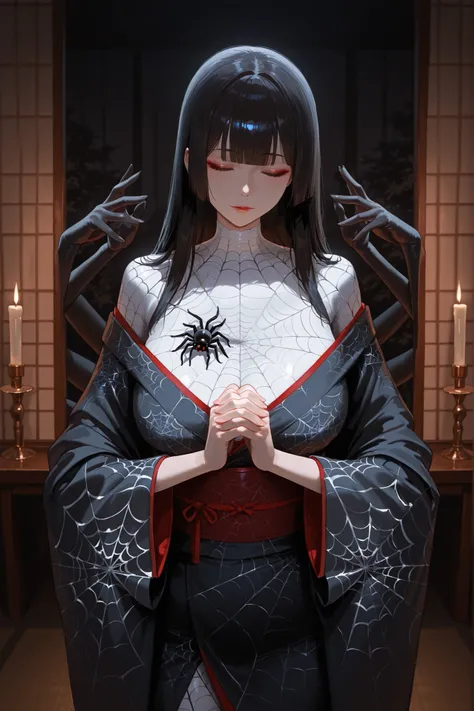 A woman with dark hair. Long, straight hair. Straight bangs. Closed eyes. Japanese kimono. Spider web costume. Layered clothing. Multiple arms. Hands clasped together. Multiple arms from behind. Horror arms. Dark room. Japanese architecture. Candles. Candl...