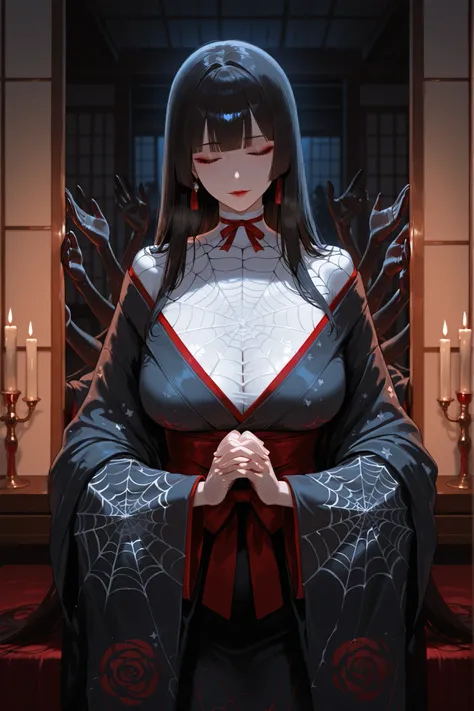 A woman with dark hair. Long, straight hair. Straight bangs. Closed eyes. Japanese kimono. Spider web costume. Layered clothing. Multiple arms. Hands clasped together. Multiple arms from behind. Horror arms. Dark room. Japanese architecture. Candles. Candl...