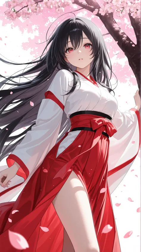 1 girl、black hair and very long super long hair、The girl sings with an ephemeral staring expression、Clothes are beautiful Japanese white kimonos、Cherry Blossom Petals Dancing、under the cherry tree、 whole body、from afar、from afar、full background