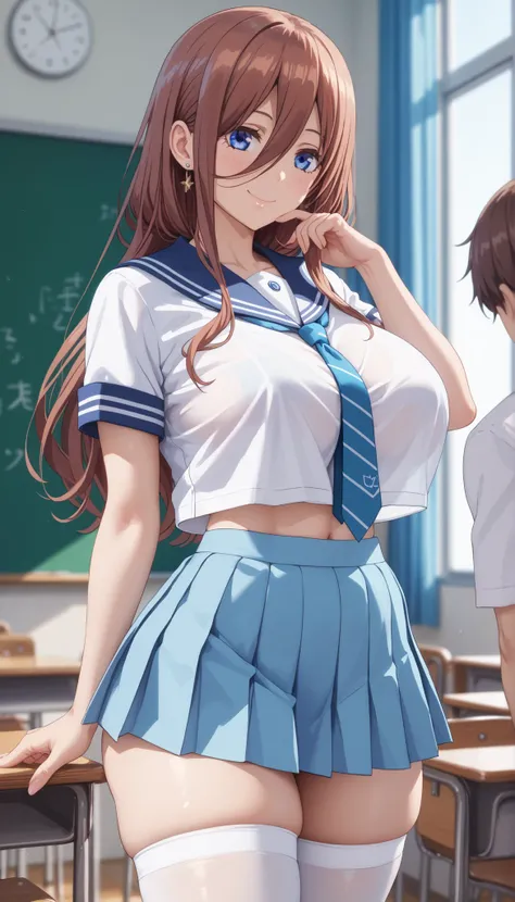 tall girl, fit girl showing lower body,score_9, score_8, score_7_up, score_6, uncensored, 1girl, Nakano Mirai, Long Hair, blue eyes, brown hair, shirt, HAIR BETWEEN EYES, (Huge Chest:1.2), sailor suit, school_uniform, necktie, white stockings, smile, Keep ...