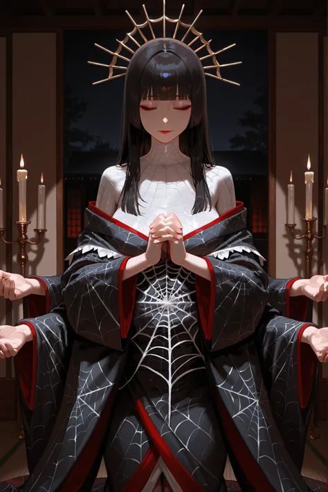A woman with dark hair. Long, straight hair. Straight bangs. Closed eyes. Japanese kimono. Spider web costume. Layered clothing. Multiple arms. Hands clasped together. Multiple arms from behind. Horror arms. Dark room. Japanese architecture. Candles. Candl...