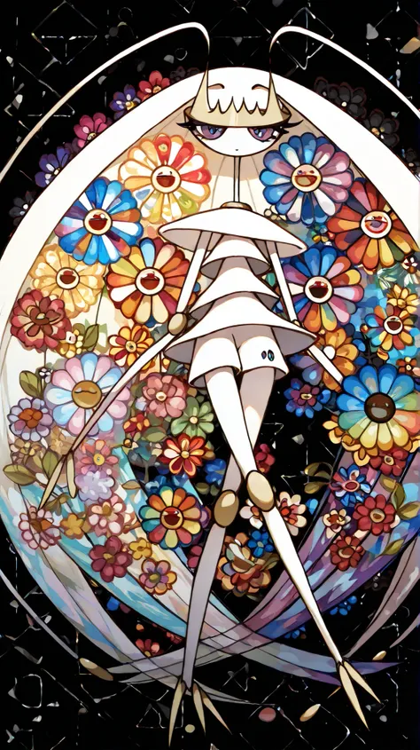 (in style of Takashi Murakami:1.0), beatiful face, feet,best quality,tonemapping, sharp focus, hyper detailed,(pheromosa),best quality,beautiful,pokemon,(2 fingers),(Clear eyes),solo,detaileds,8K,(slender:1.3),wallpaper,jumping kick,(Colorful flowers on bl...