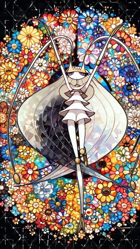 (in style of Takashi Murakami:1.0), beatiful face, feet,best quality,tonemapping, sharp focus, hyper detailed,(pheromosa),best quality,beautiful,pokemon,(2 fingers),(Clear eyes),solo,detaileds,8K,(slender:1.3),wallpaper,jumping kick,(Colorful flowers on bl...