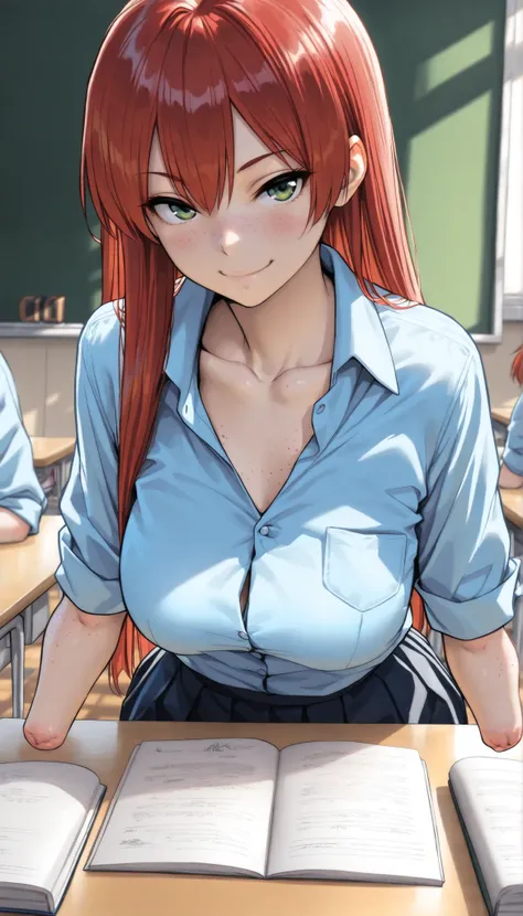 beautiful girl dressed in blue shirt with rolled sleeves and skirt studying in the shiny classroom, girl, cute, sassy, smile, green eyes, (freckles), redhead, ((long straight red hair)), ((light blue button down shirt)), (((rolled up sleeves))), ((elbows))...
