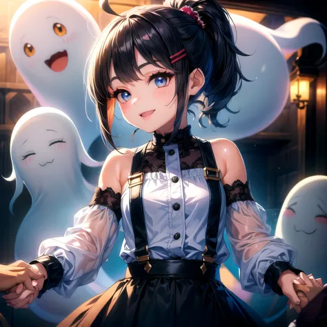 (Cool girl with ghost, holding hands), (Anime, rim light, upper body), (petite, black hair, bangs up, high ponytail, lace hair clip, ahoge, big eyes, blue eyes), (cool smile), (thick suspenders, bare shoulders, long sleeves, thick clothing, thick skirt)