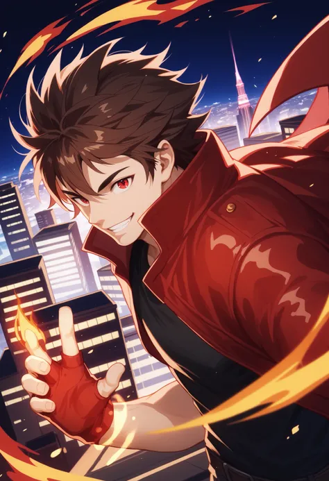 dark brown hair, man, red eyes, white skin, strong, strong physique, black shirt, focus on character, city in background, night, smiling, cheerful, messy hair, looking at viewer, anime style, young, athletic, wizard, Gojou Satoru, Magic, Red magic, Red mag...