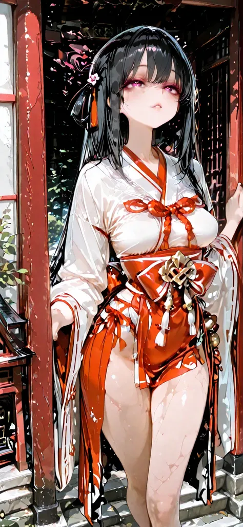 Black hair, long shrine maiden costume, heart eyes, modest breasts, slightly smaller height than average, beautiful woman with saggy eyes