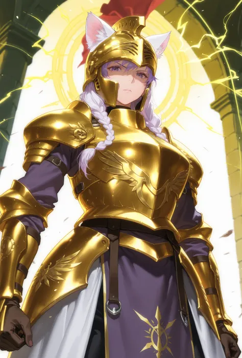 master masterpiece, 4k, score_9 , score_8_up , score_8 , score_7_up score_6_up score_5_up score_4_up, solo, highly detailed, dynamic angle, purple and gold, golden aura, pruple lightning, woman, mature woman, cat ears, white and purple hair, hair braids, s...