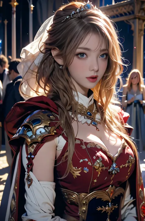  princess, Full body, wearing a hijab , crown luxury , blue eye, blond hair, around 17 years old, (red silver hijab), tmasterpiece，Best quality at best，A high resolution，8K，((Portrait))，(upper body)，Original photo，real photograph，digital photography，(Femal...