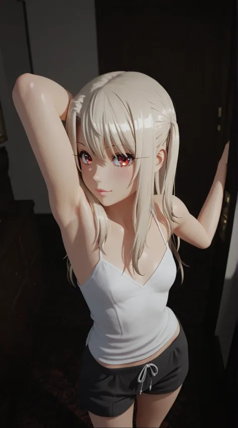 anime - style image of a young short girl in a white camisole with long hair posing sensualy in the doorways of the bedroom for alluring, anime styled 3d, 2d anime girl, render of a cute 3d anime girl, ultrarealistic shaded, aaillya, long hair, blonde hair...