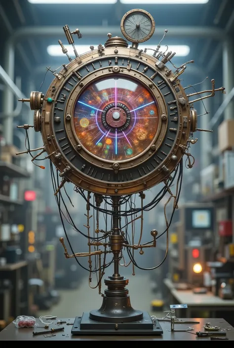 Professional product photograph. Highly detailed. This interesting looking big floating mechanism apparatus made of worn iridescent metal, insane details of glass. Standing in a modern science lab.