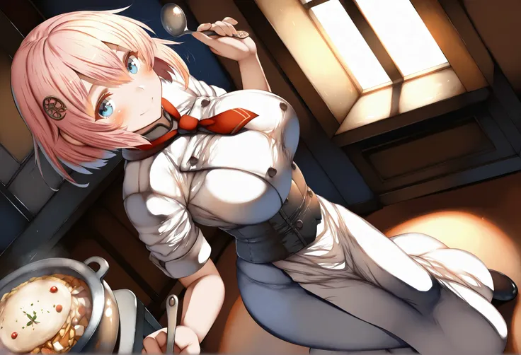  [((best quality, masterpiece, absurbres, super-resolution)), ],{{{Drawn of Belko}}} ,1girl ,solo,augusta_(sennen_sensou_aigis), pink hair,blue eyes,short hair,red necktie,smile, black corset,looking at viewer,large breasts,Chef,folk and spoon hair ornamen...
