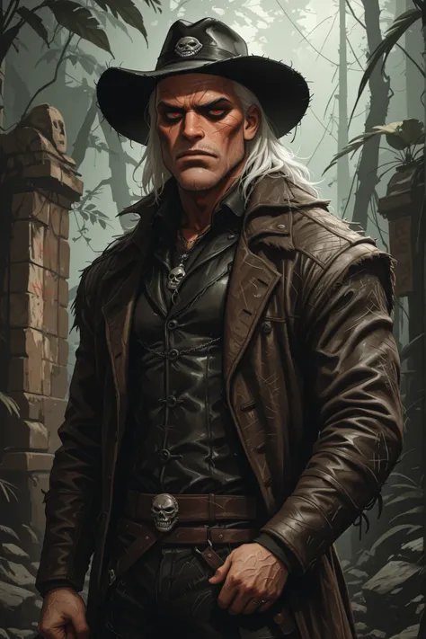 Drawn like the artist Bob Kehl. The rough man looks like the Undertaker, red eyes and white hair. He wears a beaten-up leather coat. Atmospheric lighting.