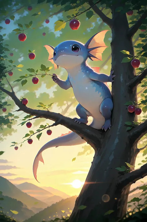 Character_Fuli, climbs a tree branch trying to get a juicy red berry with green leaves. saturated colors. Light falls through the green foliage.. 
masterpiece, best quality, ultra-detailed,  cinematic emotional static frame, 8K UHD, extreme detail, physica...