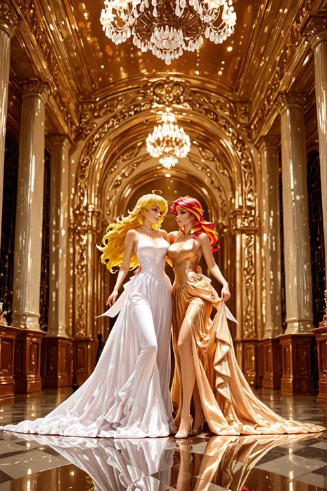 2girls, Sunset Shimmer, Yang Xiao Long, 2 young women in elegant ballroom dresses, ballroom dancing together in a grand, opulent ballroom interior with ornate architectural details, high ceilings, and a polished marble floor, professional ballroom dancers ...
