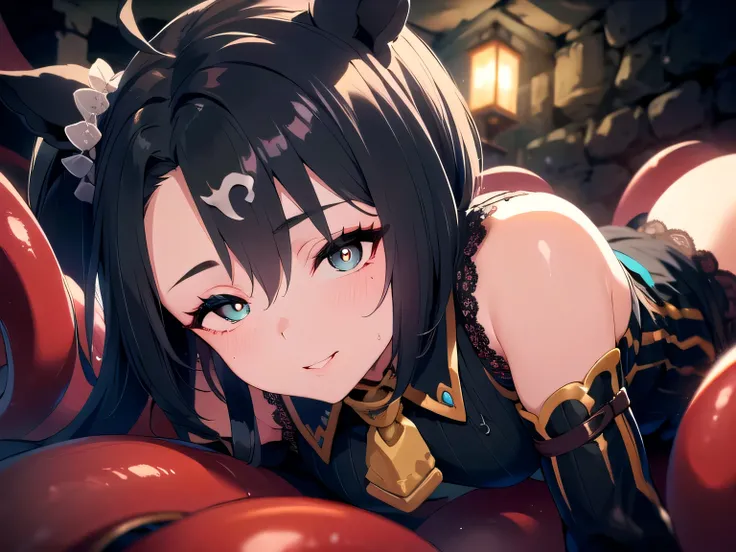(Dimly lit underground dungeon, cracked black stone walls, red tentacles and a cool girl with horse ears, tentacles, cowgirl position, girl on top, straddling, crawling, tentacles wrapped around legs, tentacles surrounding the whole body, aphrodisiac dripp...