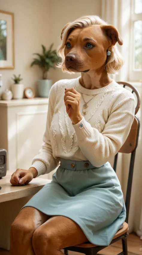 a grinning (anthro pitbull) girl sitting in a chair. Set in a Hair Salon barbershop. light blue eyes, brown fur, paws, sweater blouse, cute skirt, silver locket, dynamic angle, closeup