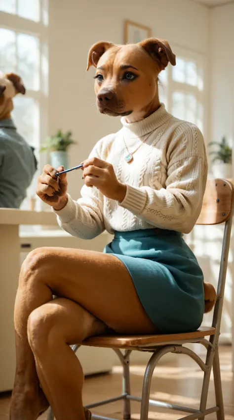 a grinning (anthro pitbull) girl sitting in a chair. Set in a Hair Salon barbershop. light blue eyes, brown fur, paws, sweater blouse, cute skirt, silver locket, dynamic angle, closeup
