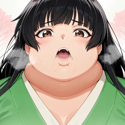 score_9, score_8_up, score_7_up, score_6_up, score_5_up, score_4_up, BREAK, source_anime, 1girl, kagomehigurashi, bangs, black hair, long hair, brown eyes, wearing a kimono
,masterpiece,best quality,amazing quality,bulging belly, fat, chubby, obese, open m...