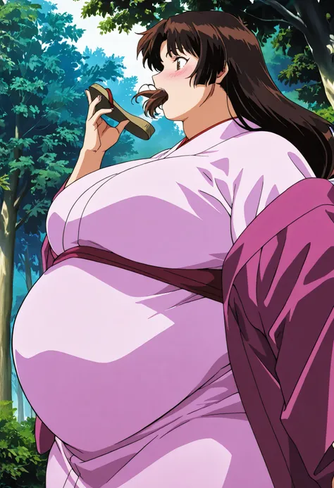masterpiece,best quality,amazing quality,absurdres, very aesthetic, high resolution, newest, hyper-detailed, anime style, (obese woman), (very close up, profile, blushing,  neutral expression, swallowing, mouth wide open, big mouth),(sandel, foot with shoe...
