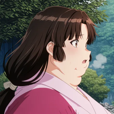 anime screencap, score_9, score_8_up, score_7_up, source_anime BREAK sango, 1girl, solo, brown hair, parted bangs, low-tied long hair, brown eyes, outdoors, pink kimono, wearing a kimono
,masterpiece,best quality,amazing quality,bulging belly, fat, chubby,...