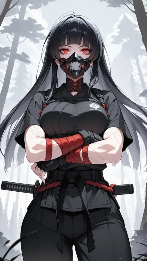 absurdres, (((Ultra HD))), (((Ultra High Quality))), ((hyper detailed)), ((Ultra High Resolution)), (Highly rendered), ((detailed eyes)), (((8K))), ((perfect face)), ((masterpiece)), cinematic, solo, 1girl, thin, red eyes, black hair, long hair, blunt bang...