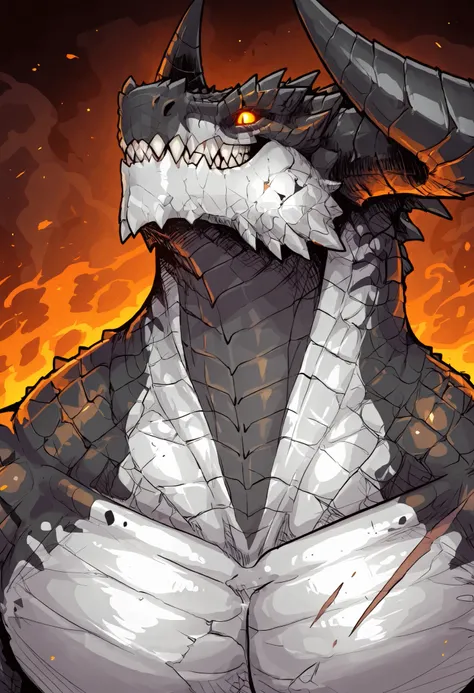 1male, solo, anthro, lizardfolk, anthro dragon lizard, solo, portrait, scaly, detailed scales, experienced predator, monstrous dragon, mercenary, grin, black scales, matte body, torso is well-defined and muscular, body robust and powerful, massive arms, de...