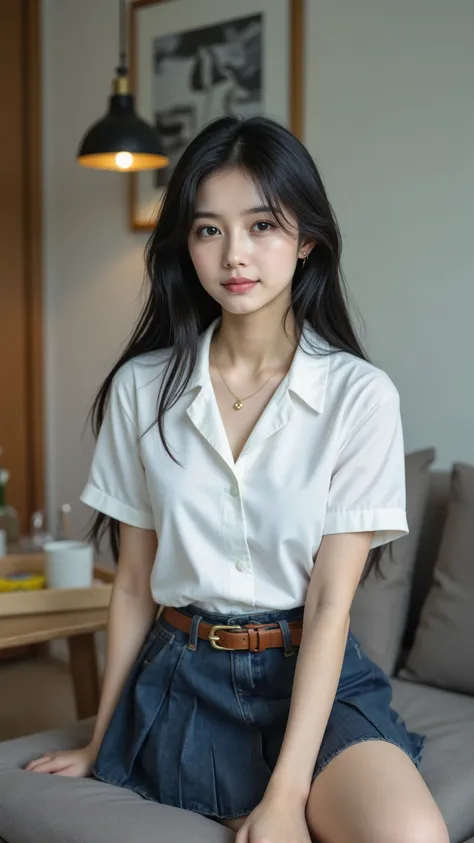 masterpiece, top quality, 8k, 若くて美しいGirl, face like a baby、着衣big breasts、((((1people々 Girl))))((((((thighs)))))),((big breasts:1.3)), Photo shoot, cute face, thighs,、smile, 10th Generation, detailed face, background blur、Long Hair、black hair、big breasts、Cl...