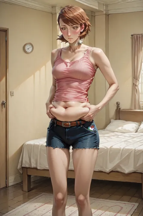  1girl, solo, masterpiece, (pinching own belly fat:1.2),  (yukari from persona 3)  , 1girl , solo , bedroom , rainbow panties, (weight conscious:1.2), explicit, () (shirt riding up) (belly peek) ,embarrased,blushing, () () pink graphic tank top, () , ()  T...